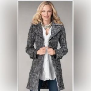 Black, white and grey tweed coat